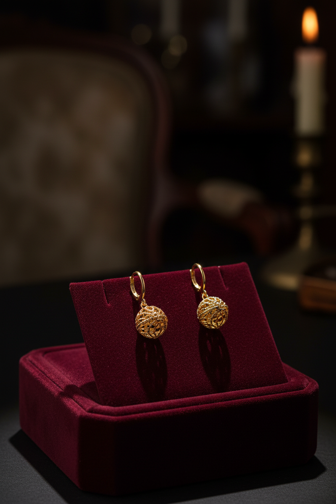 Maddox gold filigree ball drop earrings on dark velvet tray