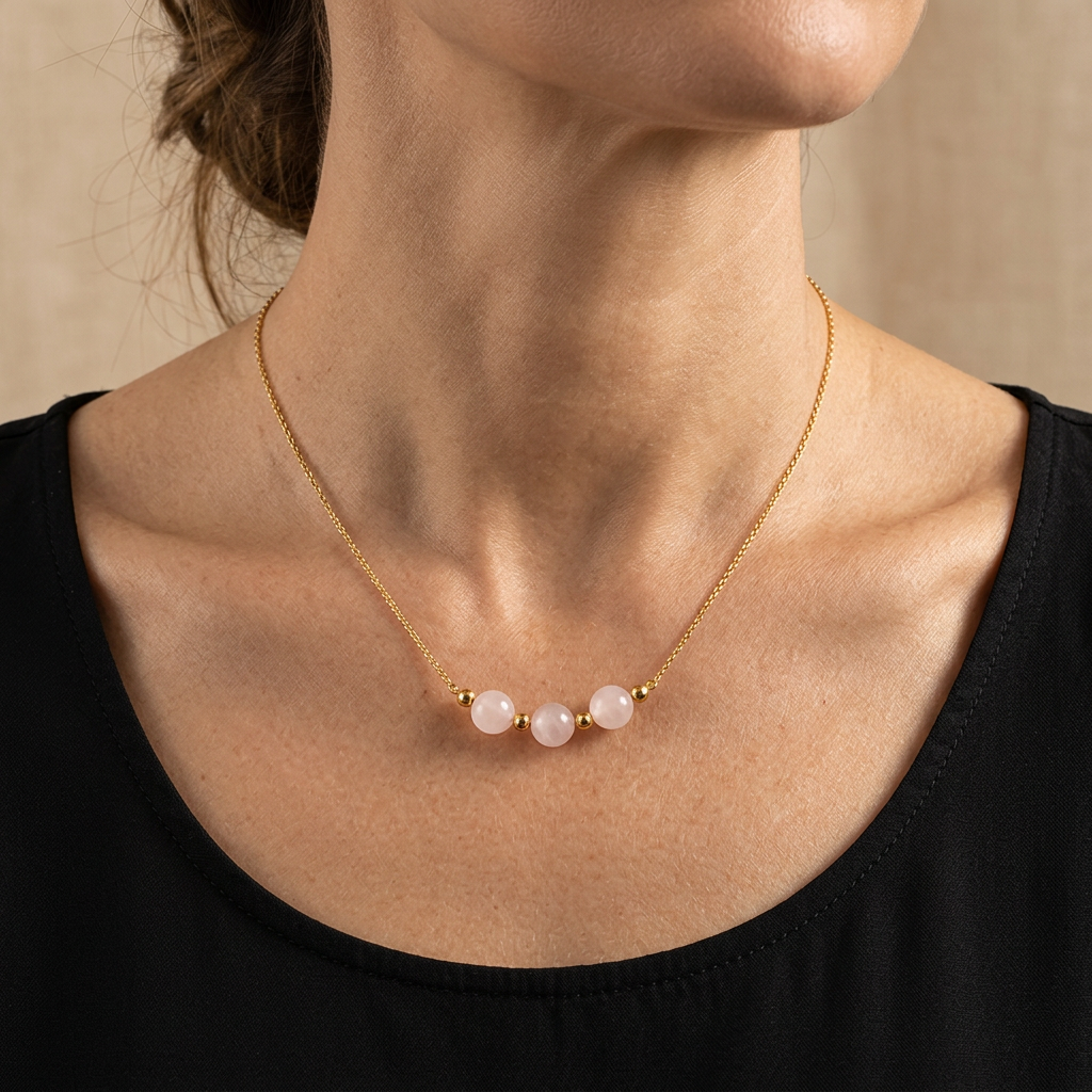 Orla pink bead necklace worn with a black top