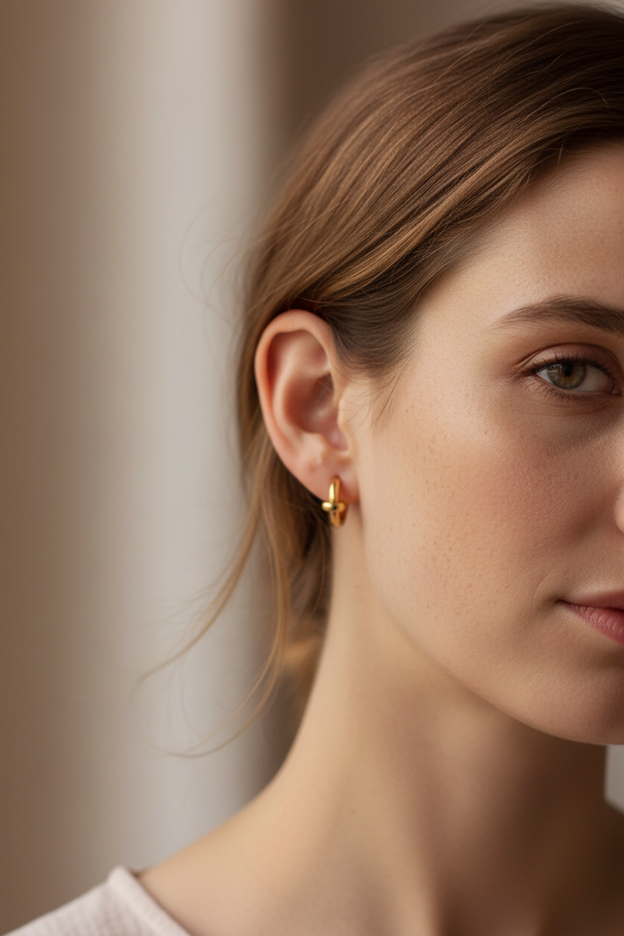 Fionn gold knot hoop earrings on-ear everyday lifestyle shot