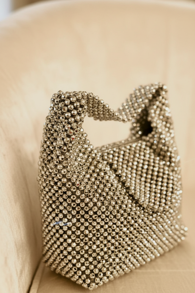 Delores beaded handbag silver close-up faceted bead texture and handle detail