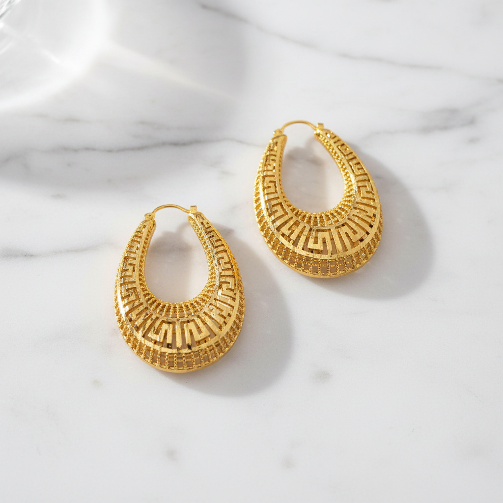 Delores Filigree Hoop Earrings flat lay on white marble