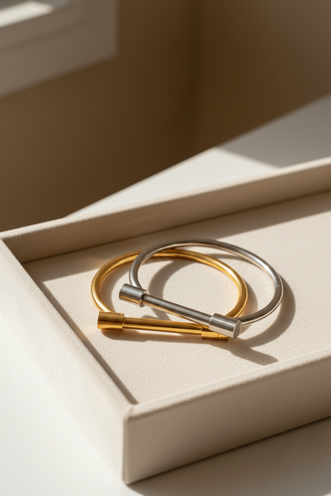 Kantuka bar bangle bracelet gold and silver on cream velvet tray