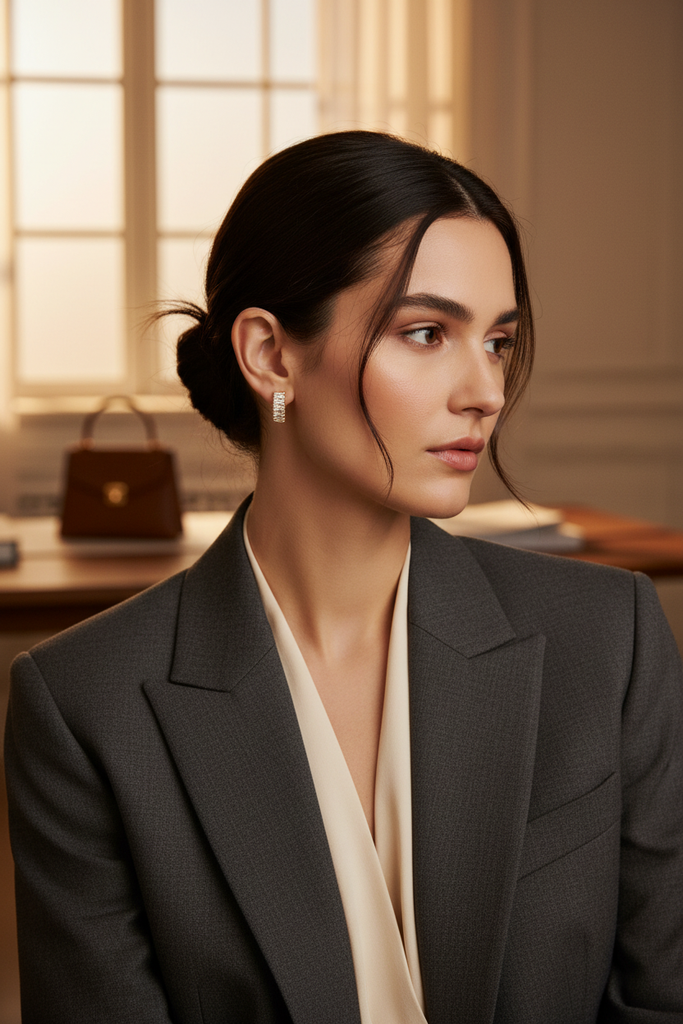 Capri gold plated baguette huggie earrings styled with tailored work outfit