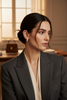 Capri gold plated baguette huggie earrings styled with tailored work outfit