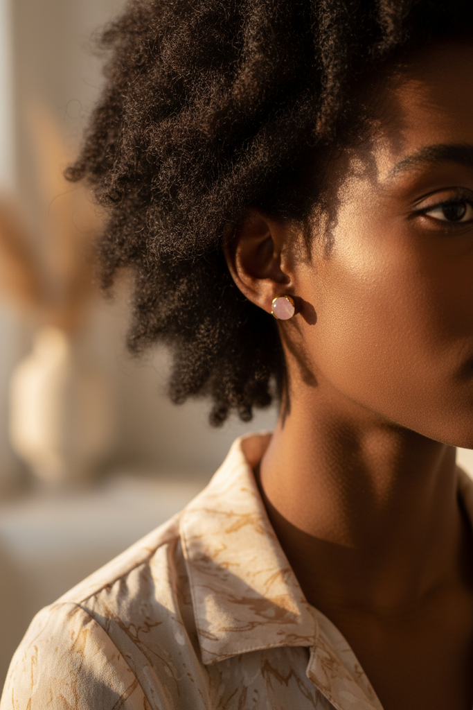 Rylee baby pink resin stud earrings on-ear lifestyle editorial shot