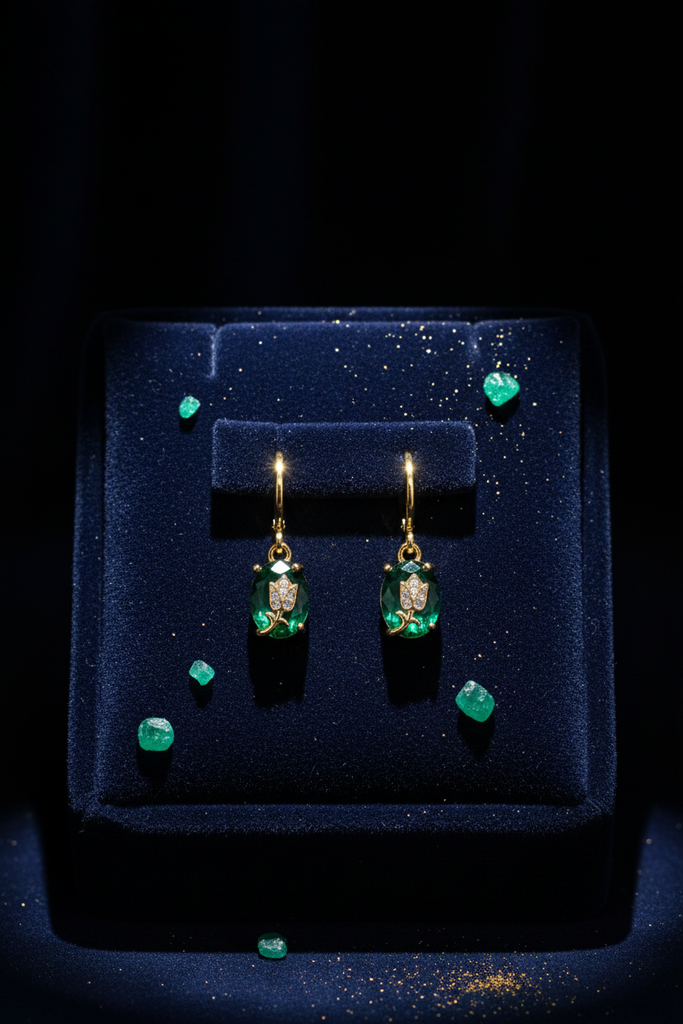 London emerald and rose drop earrings on dark velvet tray