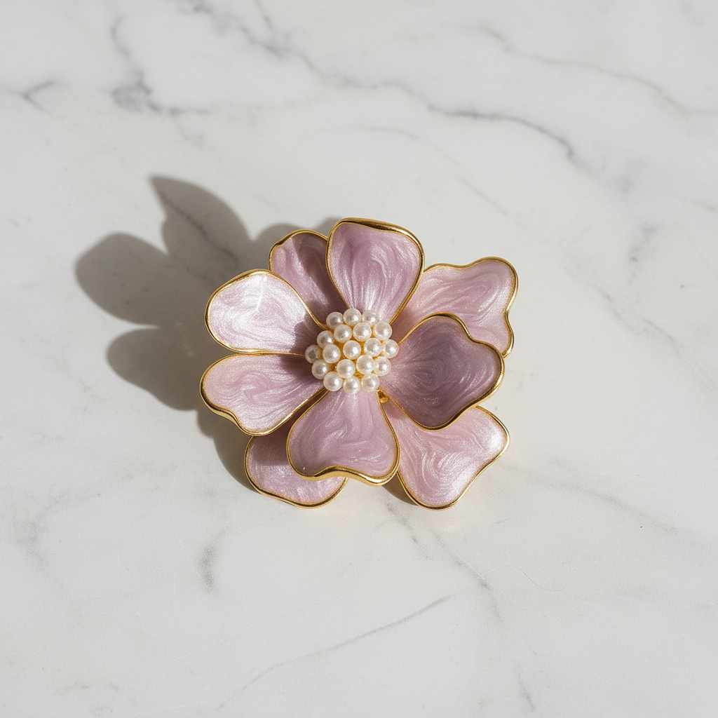 Lavender bloom pearl brooch flat lay on white marble