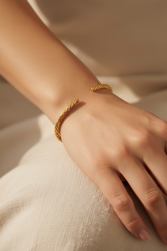 Langley gold twisted rope-braid open cuff bracelet on-wrist single wear