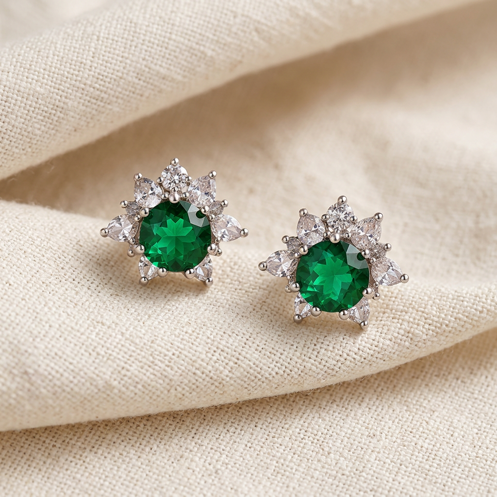 Maya green floral halo stud earrings on cream linen