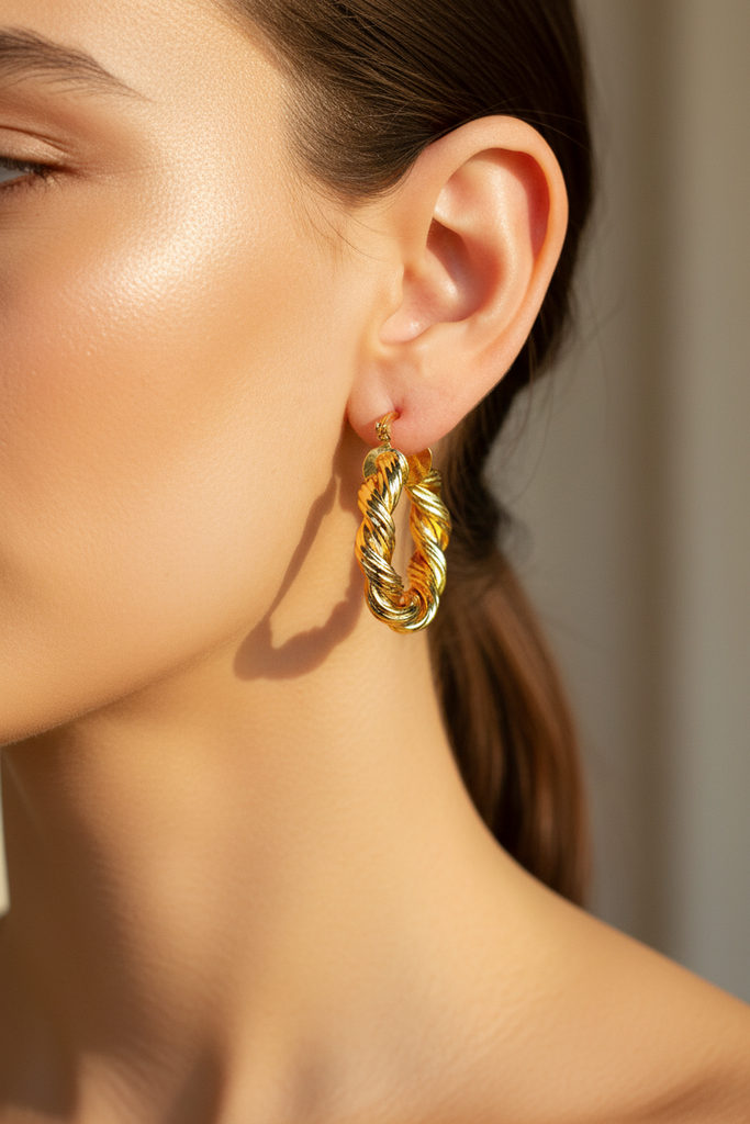 Twisted rope gold plated hoop earrings on-ear warm lifestyle