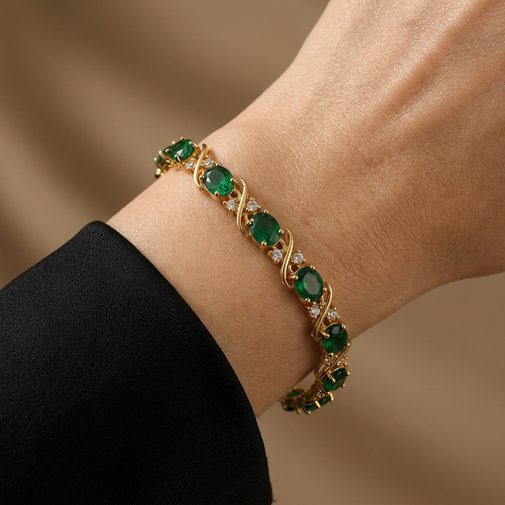 Merreith green faux stone bracelet worn with a black sleeve