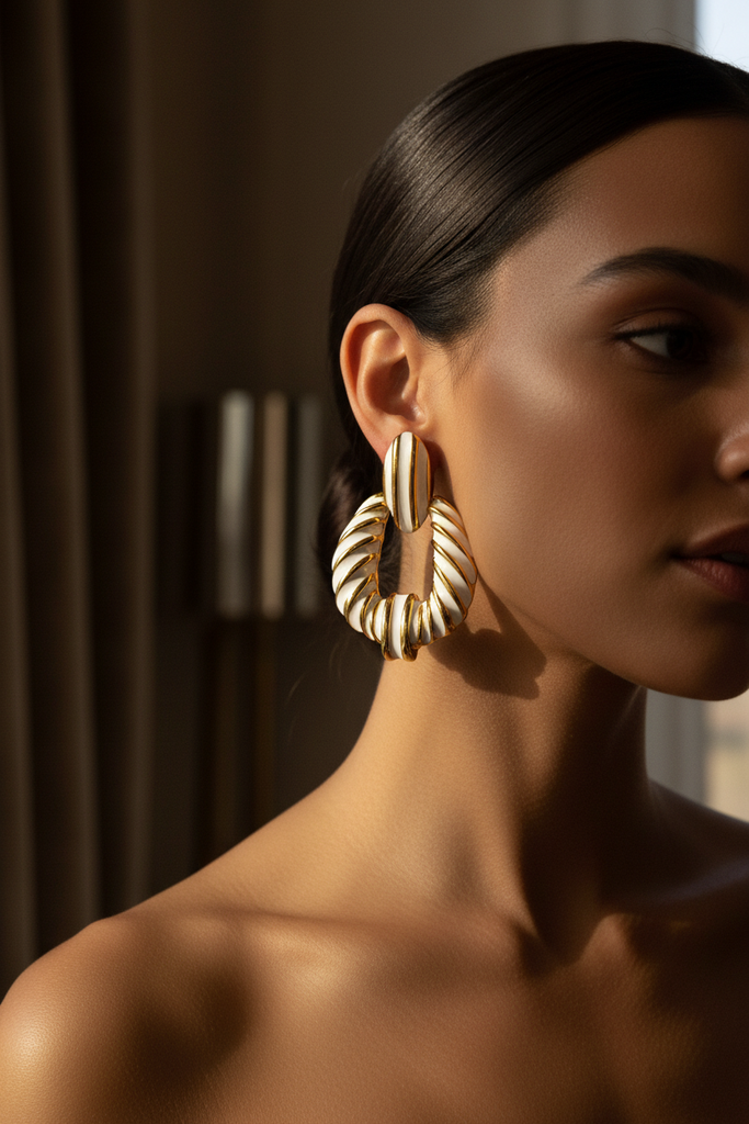 Riley white gold stripe statement earrings on-ear lifestyle shot