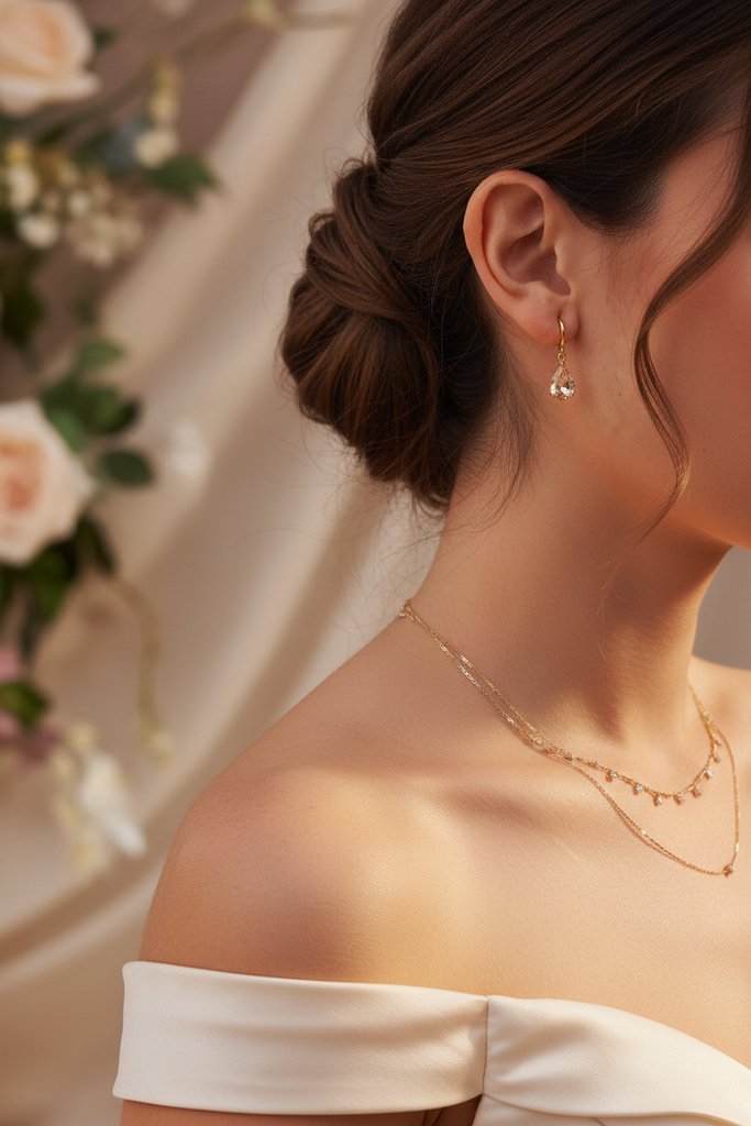 Rory champagne crystal teardrop drop earrings styled with bridal evening look