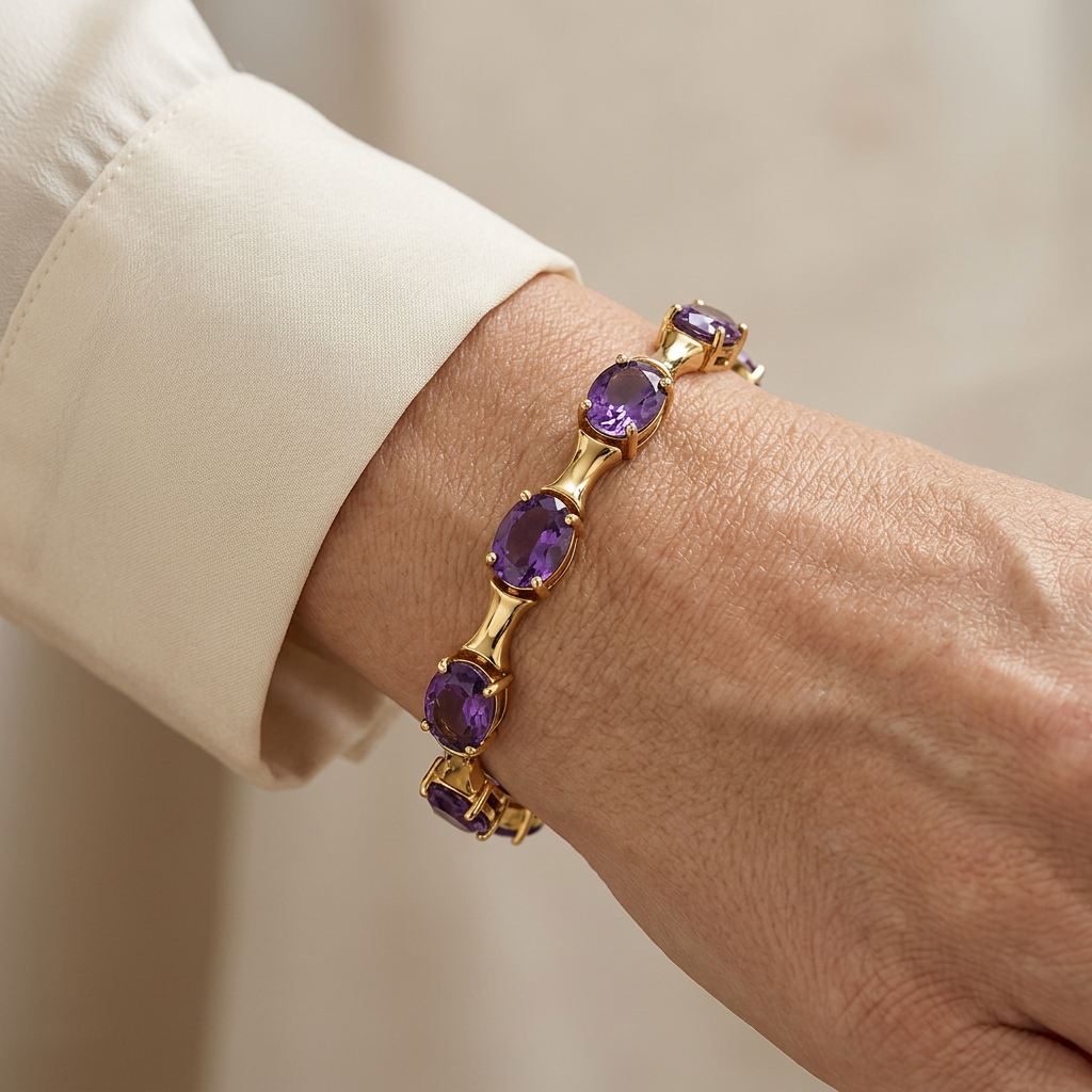 Montreux purple faux stone bracelet worn with a cream blouse