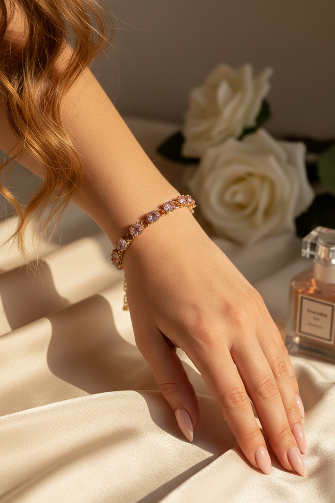 Winthrop tennis bracelet gold and pink stones on-wrist single wear