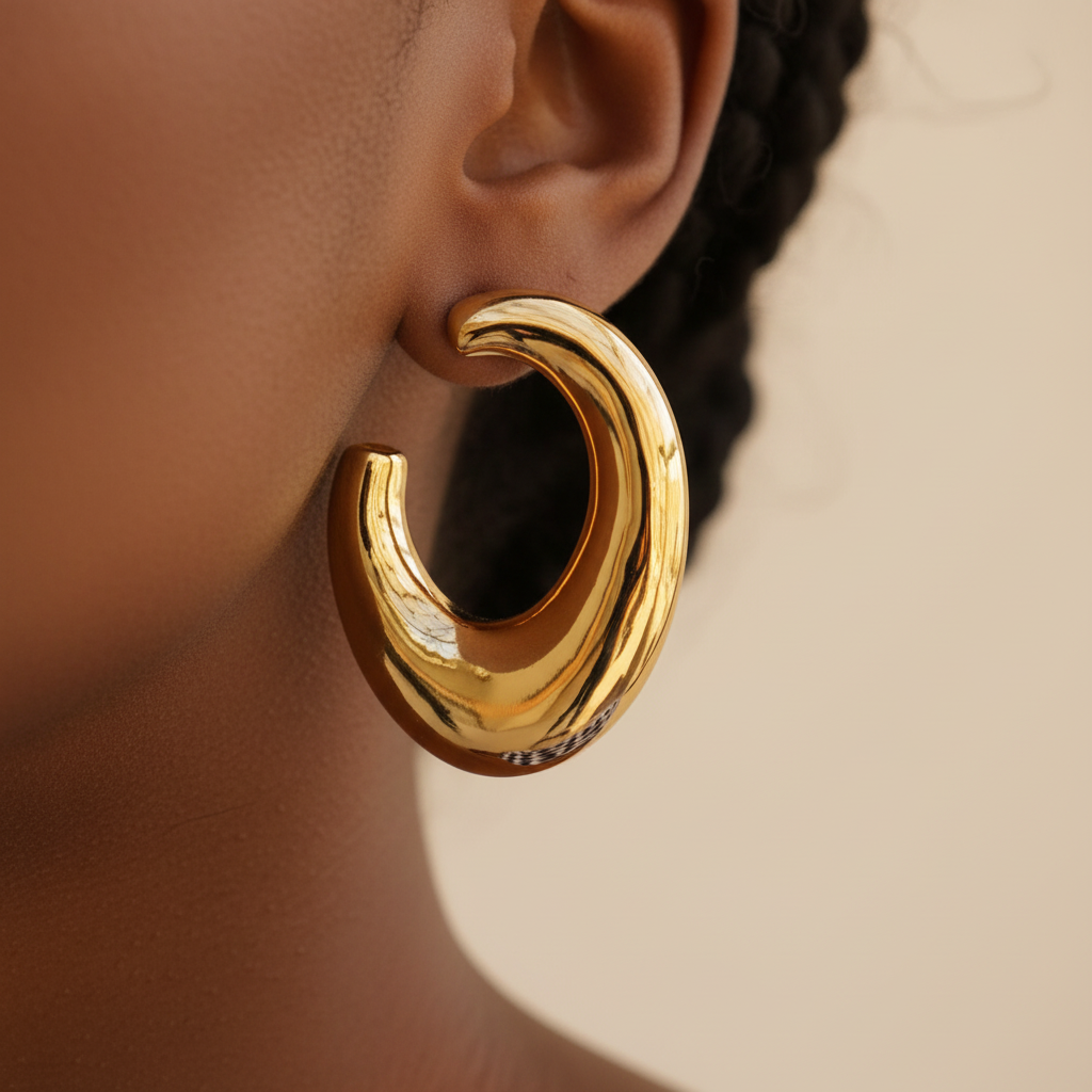 Melanie abstract crescent gold huggie hoop earrings close-up detail