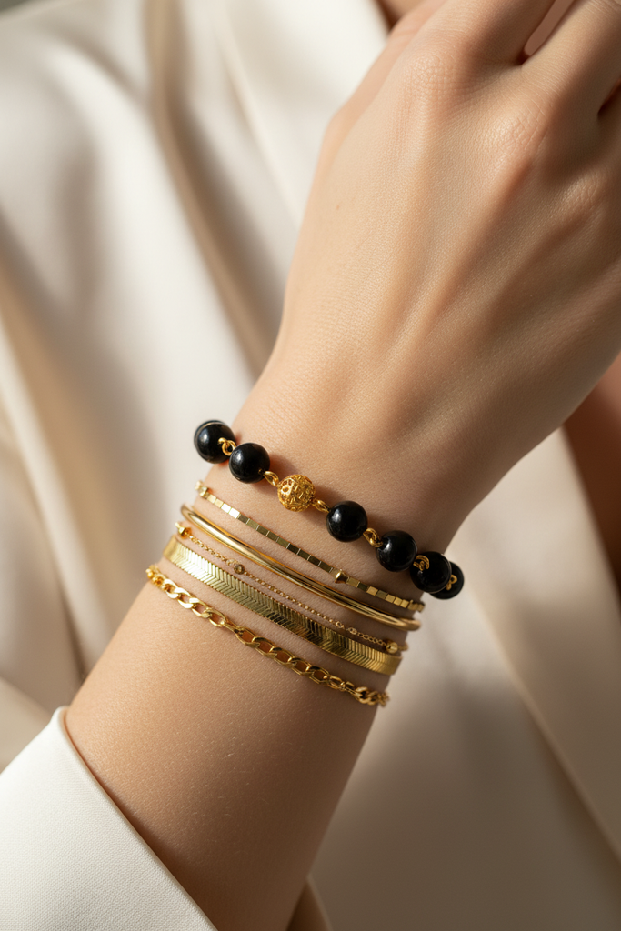 Elizabeth black resin and gold filigree ball bracelet stacked bracelet styling