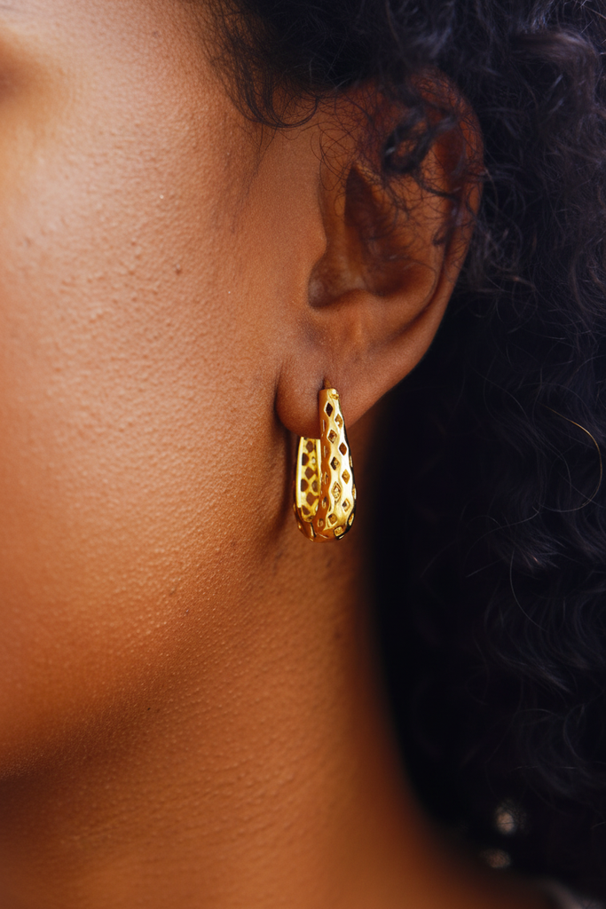 Tallulah gold filigree huggie hoop earrings on-ear modern luxury lifestyle