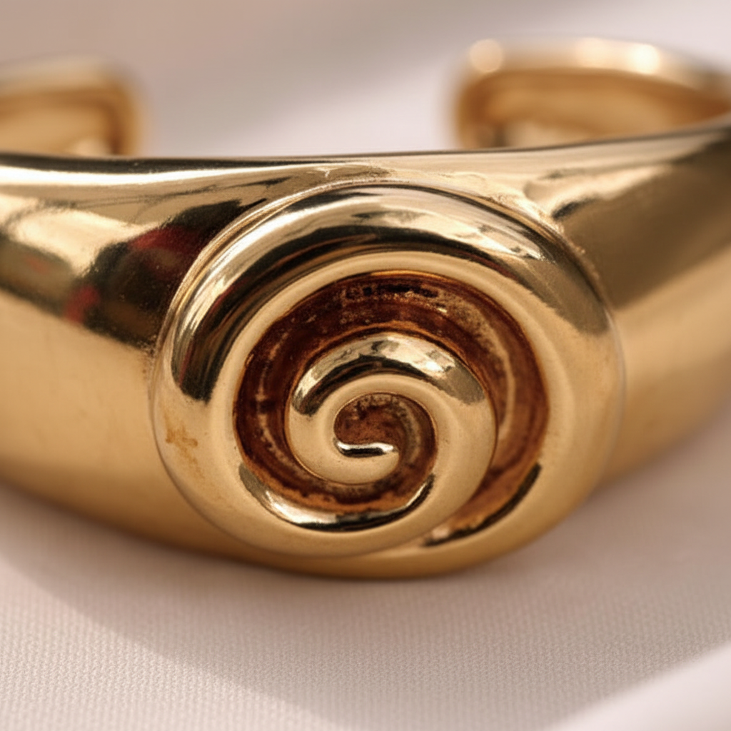 Isadora gold spiral cuff bracelet close-up spiral swirl detail