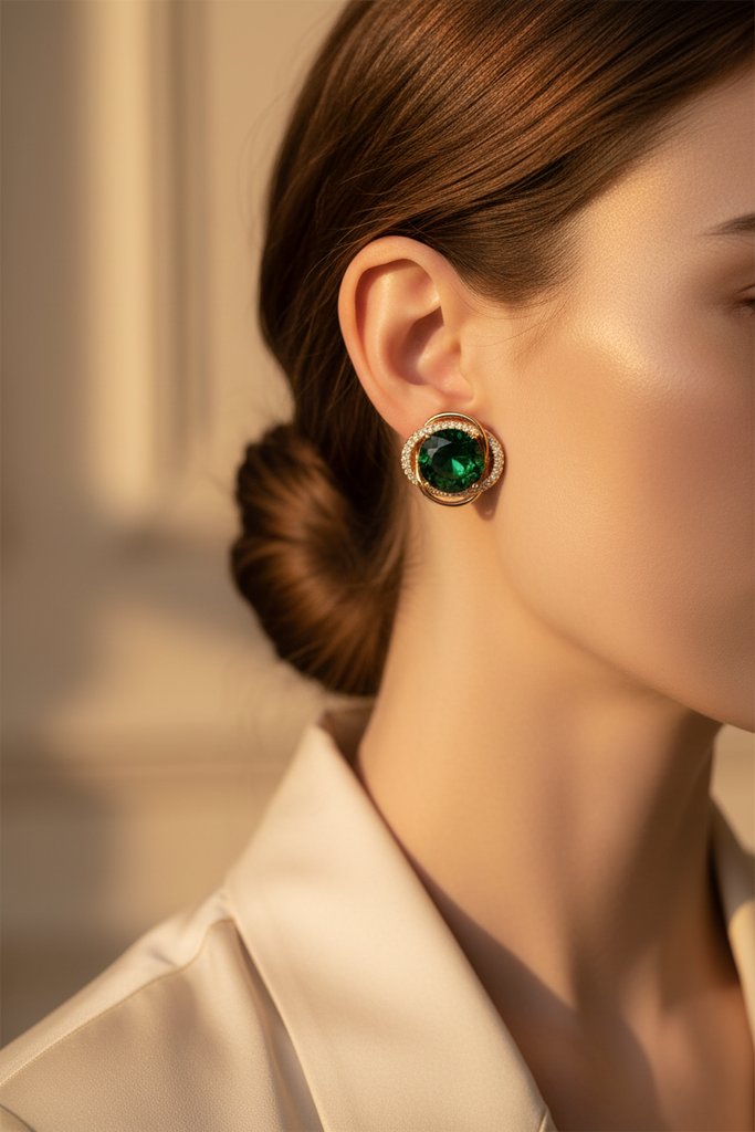 Kensington oversized green emerald stud earrings on-ear old money lifestyle shot