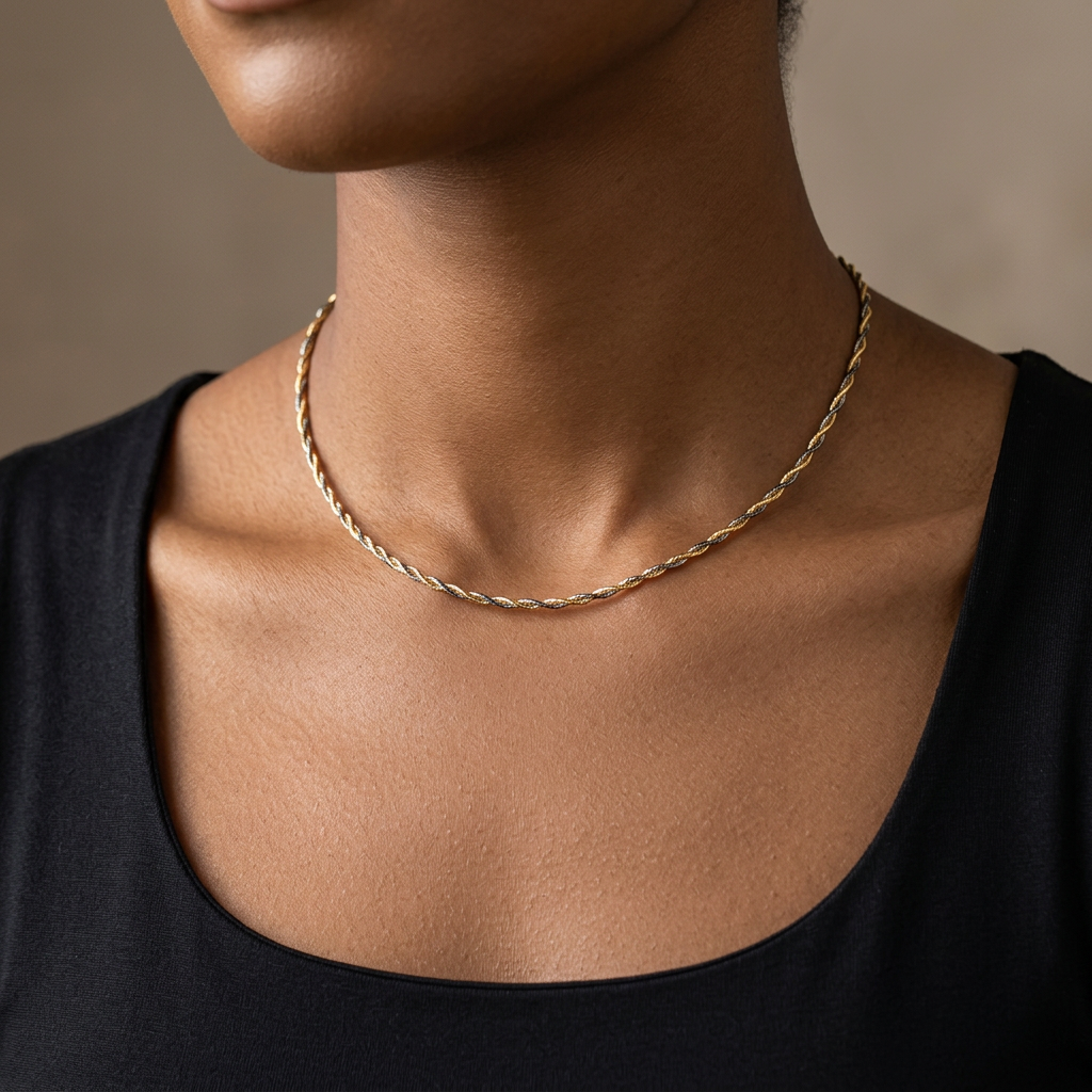 Teagan two-tone rope choker worn with a black top