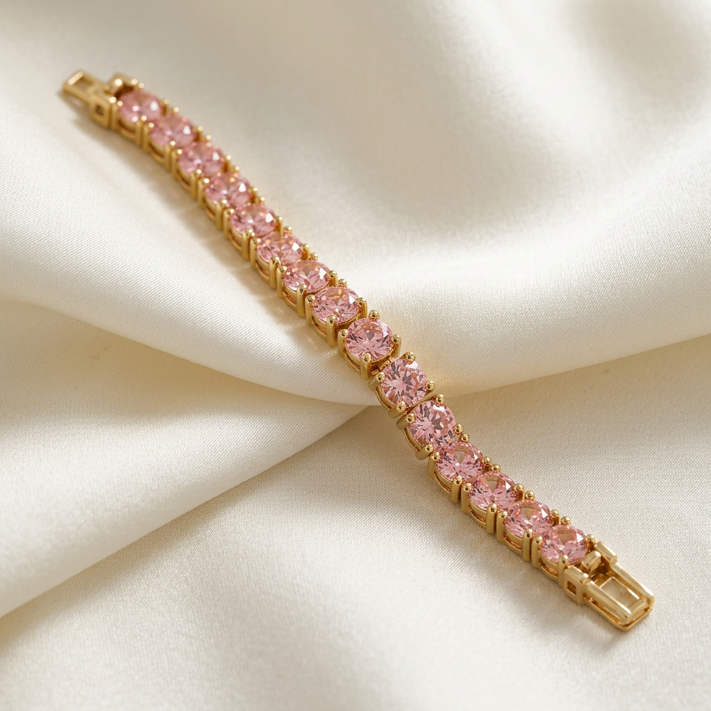 Juliette pink stone tennis bracelet on ivory silk