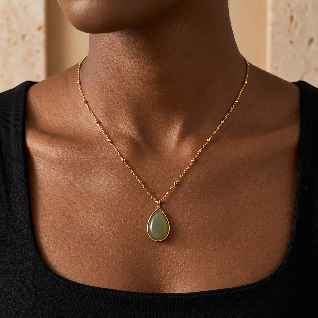 Diya green teardrop necklace worn with a black top