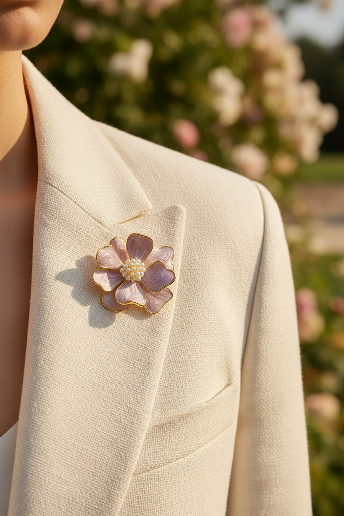 Lavender bloom pearl brooch pinned on cream blazer lapel