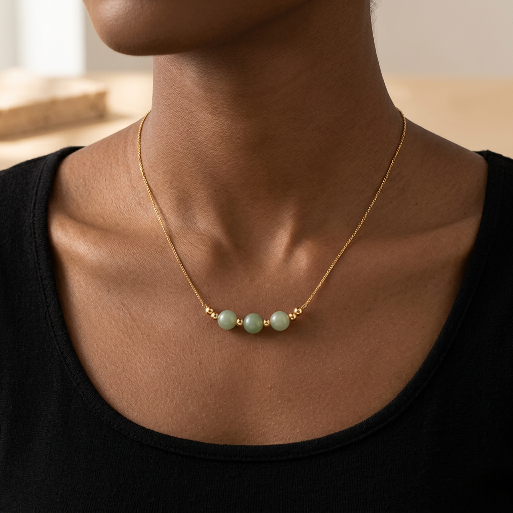 Orla green bead necklace worn with a black top