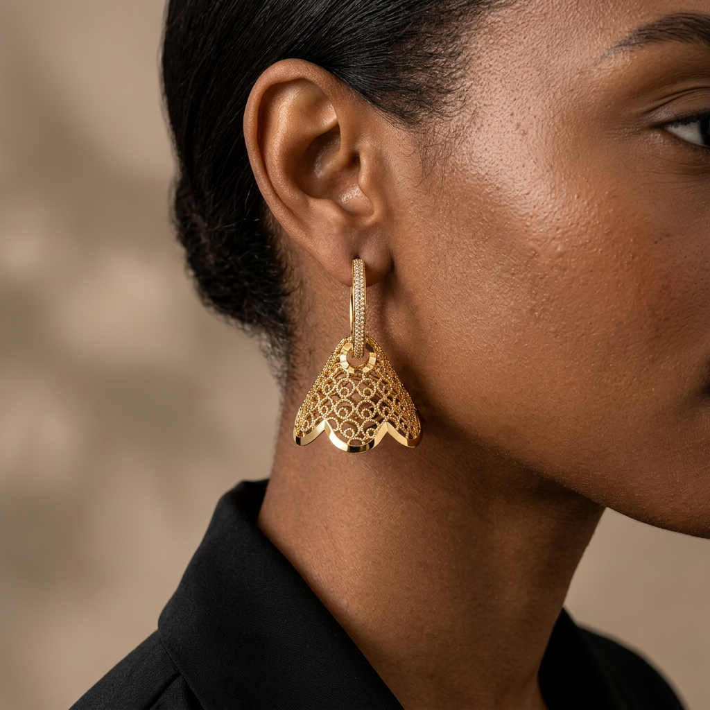 Prescott filigree dangle earring worn with black styling