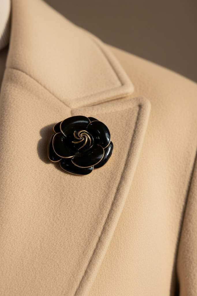Black enamel rose brooch with gold trim pinned on cream cashmere coat