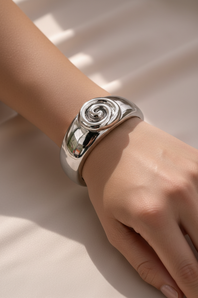 Isadora silver spiral cuff bracelet on-wrist lifestyle