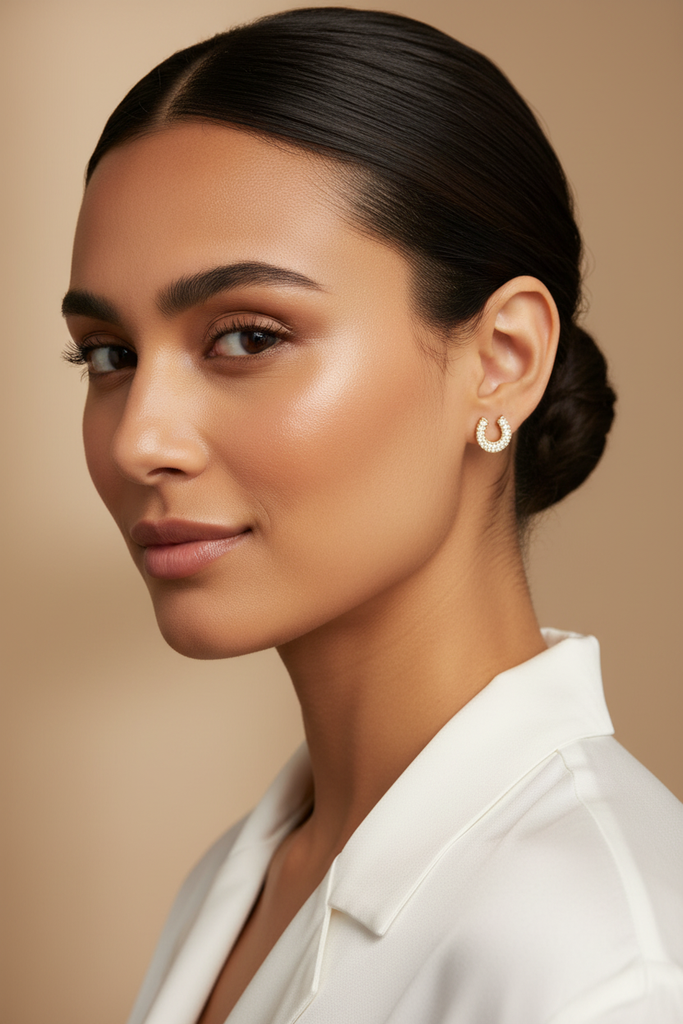 Fallon Horseshoe Stud Earrings - lifestyle white shirt sleek bun