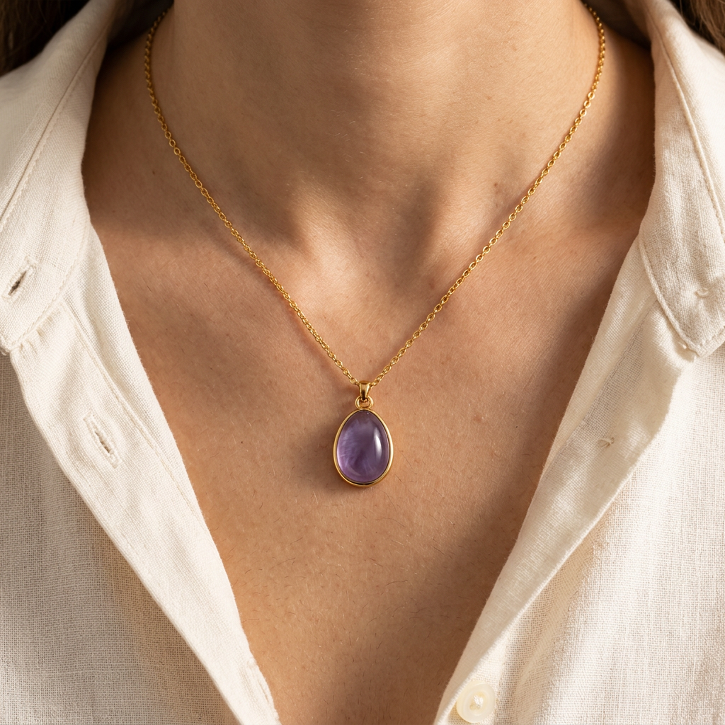 Zipporah purple resin pendant necklace worn with a cream blouse