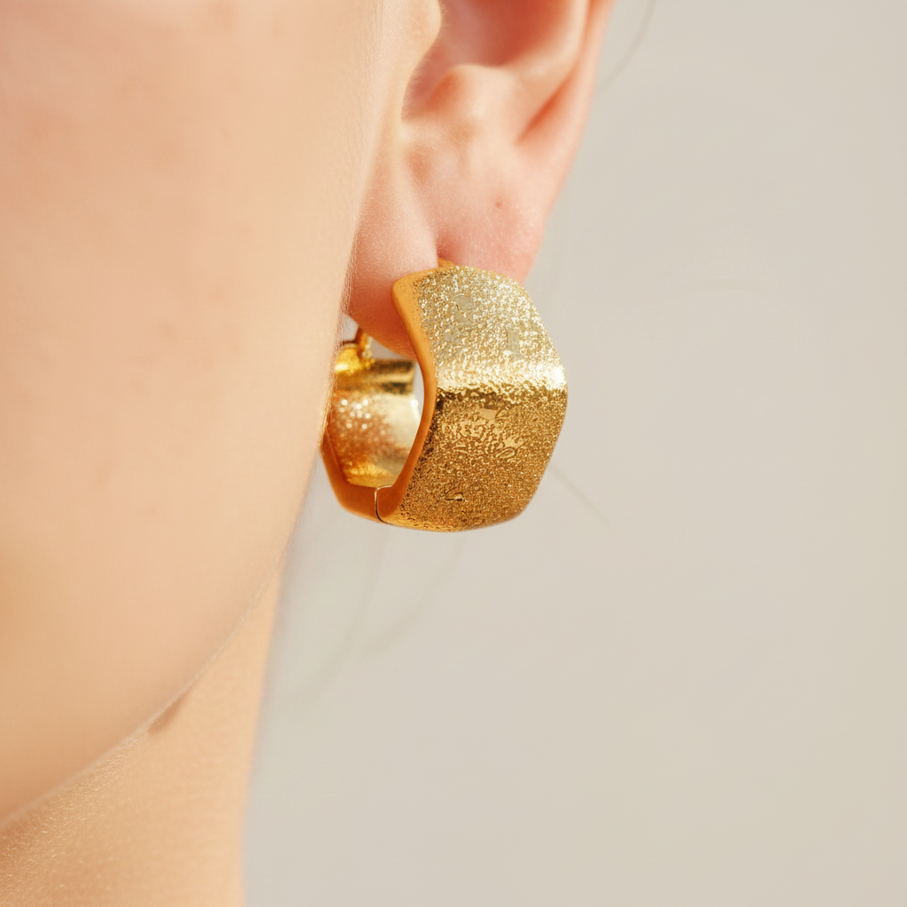 Luca gold textured box hoop earrings close-up sand texture detail