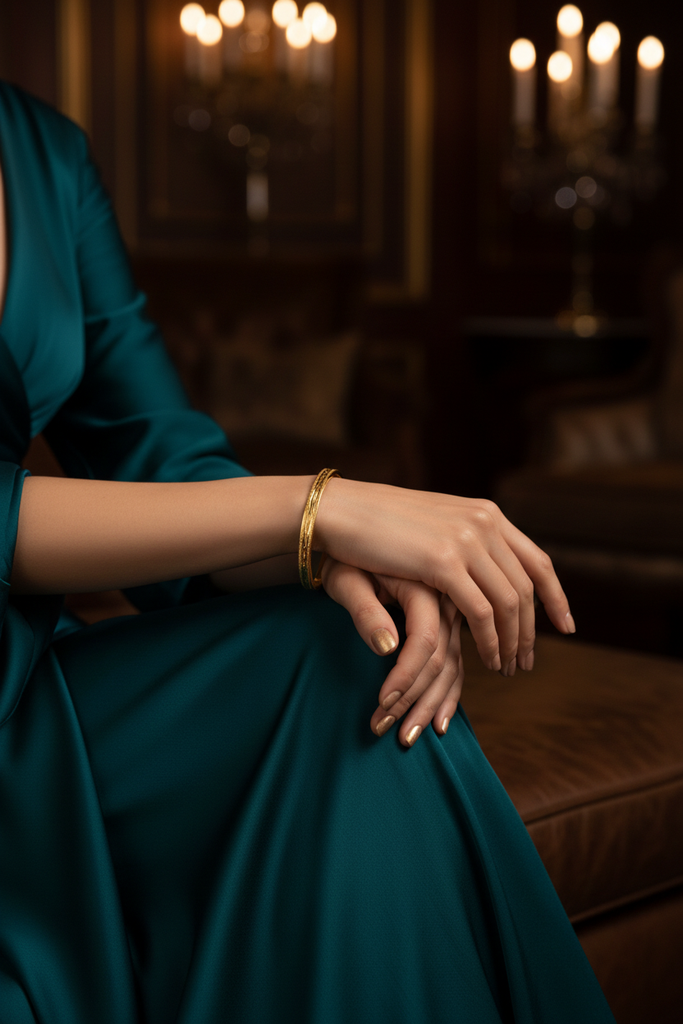 Anaya gold engraved bangle bracelet elegant evening styling