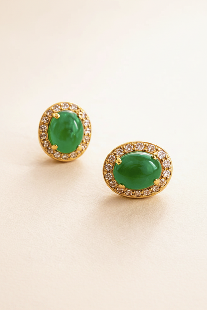 Belvedere Green Stud Earrings - oval green cabochon with gold and diamond halo, portrait