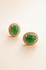 Belvedere Green Stud Earrings - oval green cabochon with gold and diamond halo, portrait