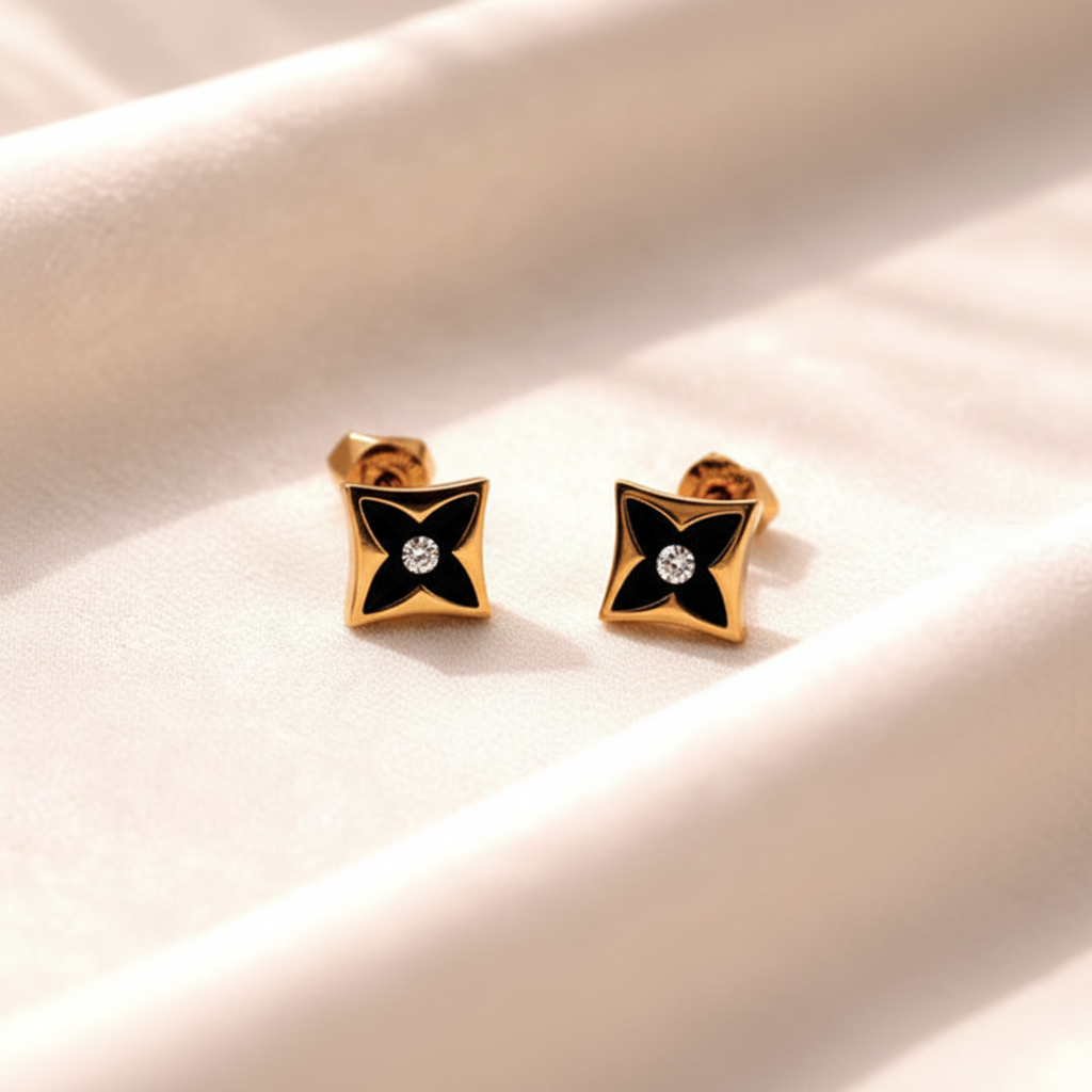 Lisbon gold and black stud earrings close-up macro detail shot
