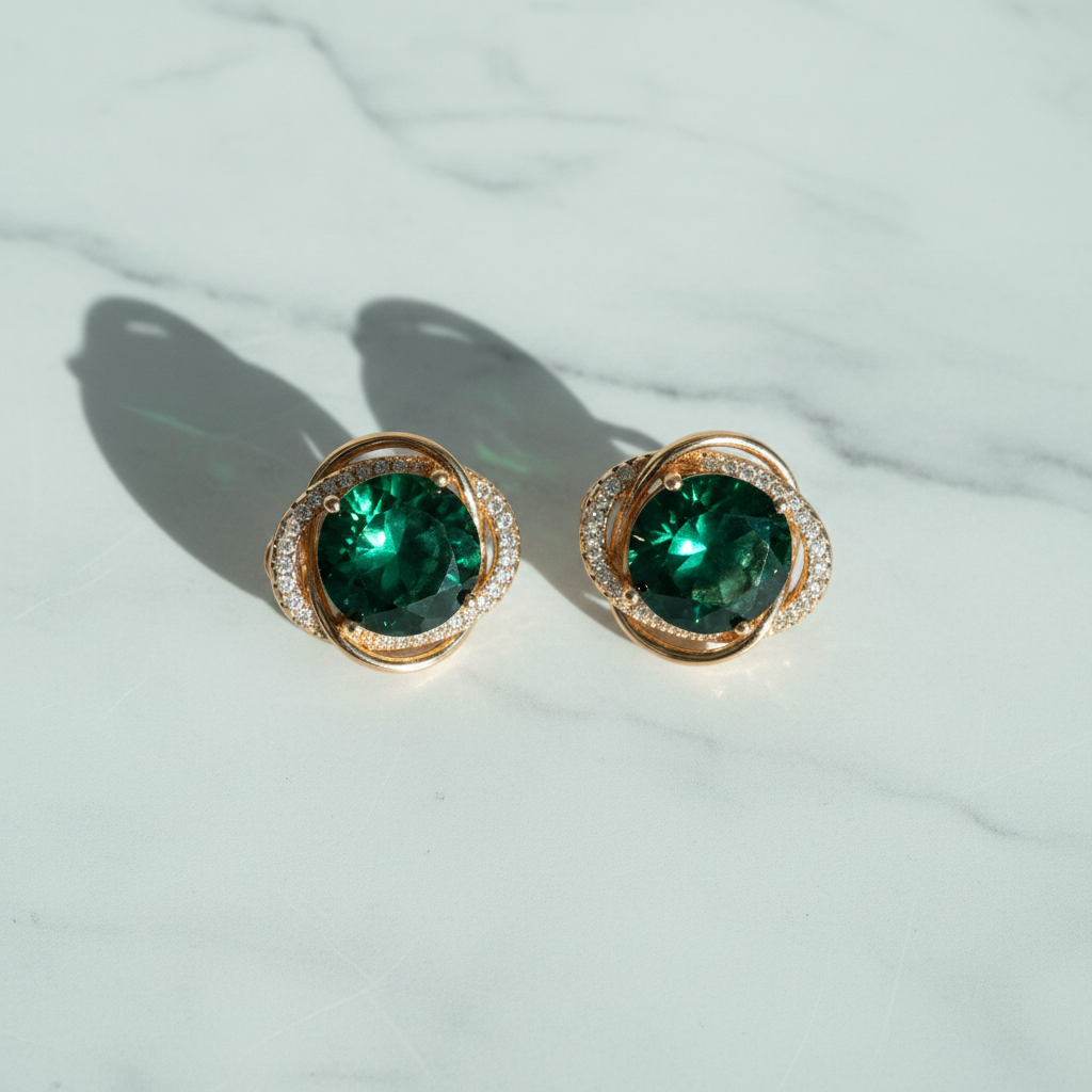 Kensington oversized green emerald stud earrings flat lay on white marble