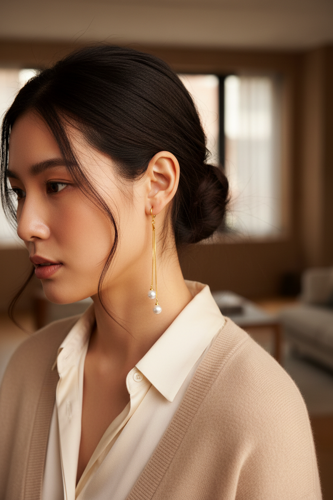 Olivia pearl drop earrings styled with everyday chic outfit