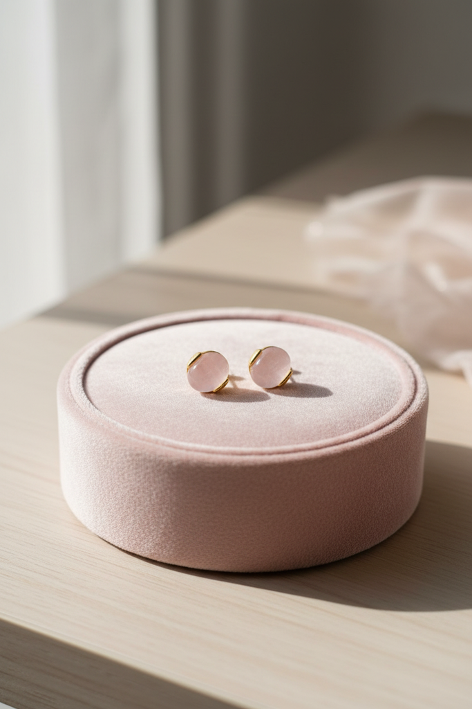 Rylee baby pink resin stud earrings on blush velvet jewelry tray