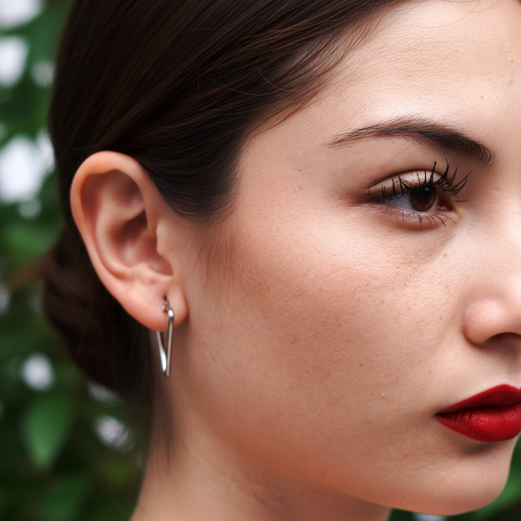 Billie silver triangle hoop earrings flat lay on white marble