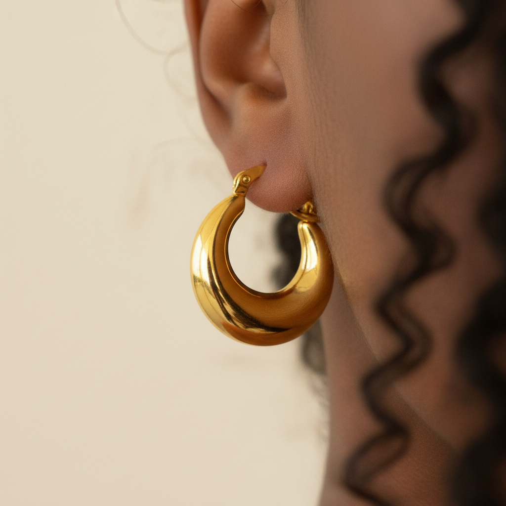 Dyani chunky gold crescent hoop earrings close-up sculptural detail