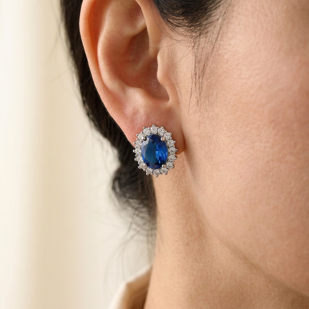 Vinan blue halo stud earring worn up close with cream styling
