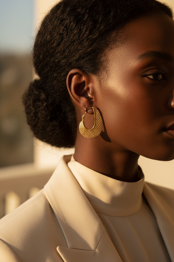 Quinn gold filigree caged hoop earrings on-ear lifestyle editorial shot