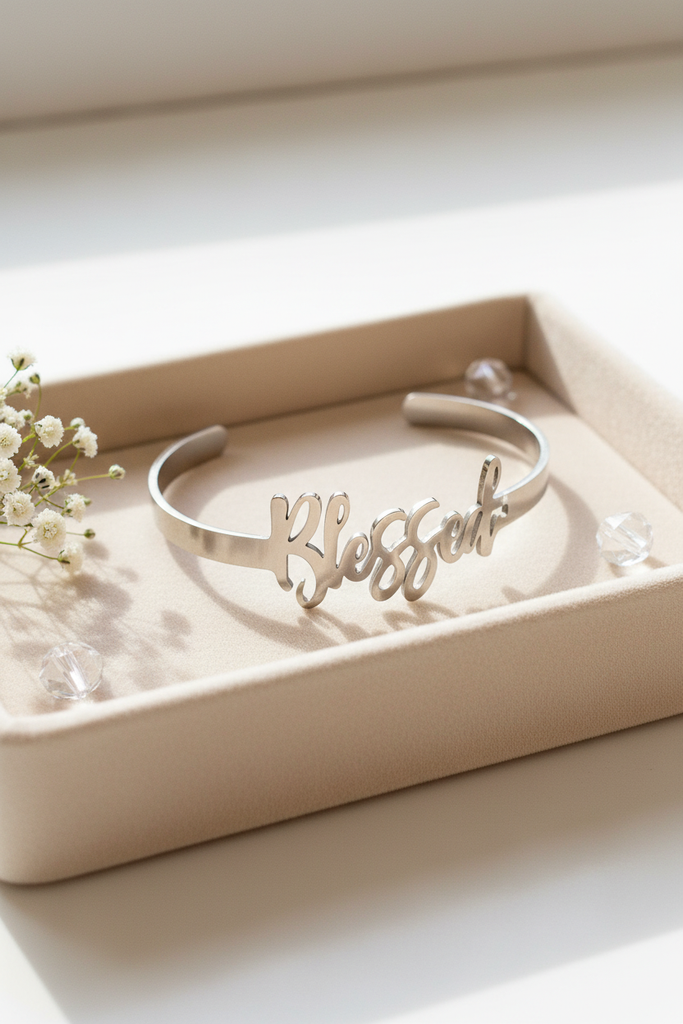 Blessed stainless steel script cuff bracelet gift display on velvet tray