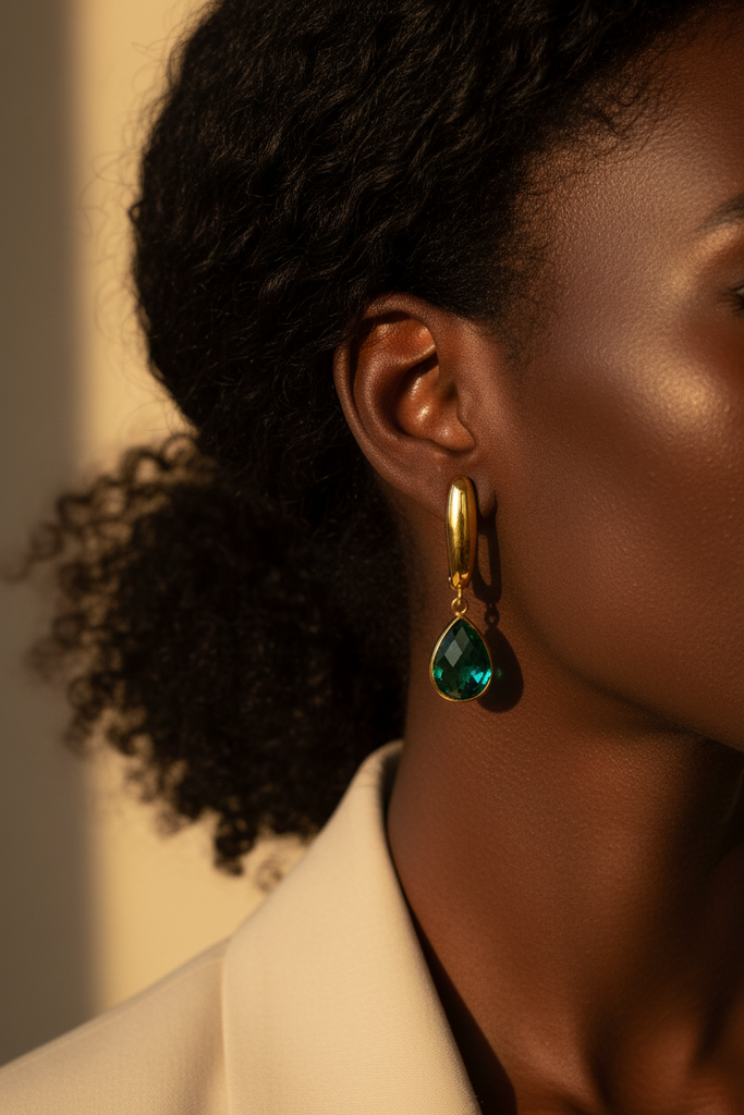 Amelia emerald green stone drop earrings on-ear lifestyle editorial shot