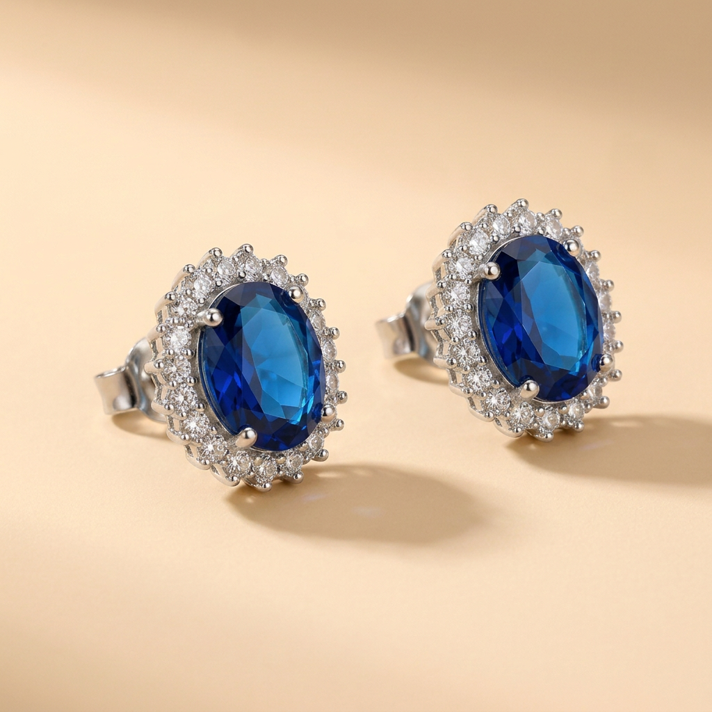 Vinan blue faux sapphire halo stud earrings on ivory, square product photo