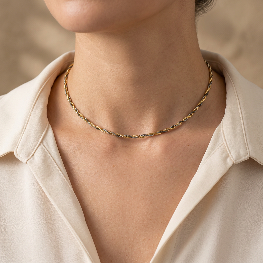 Teagan two-tone rope choker worn with a cream blouse